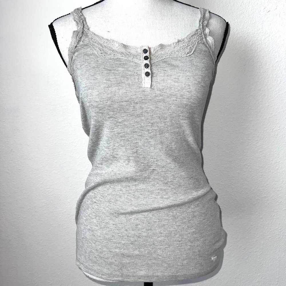 Abercrombie and Fitch Grey Henley Y2K Tank Top with lace trim Medium